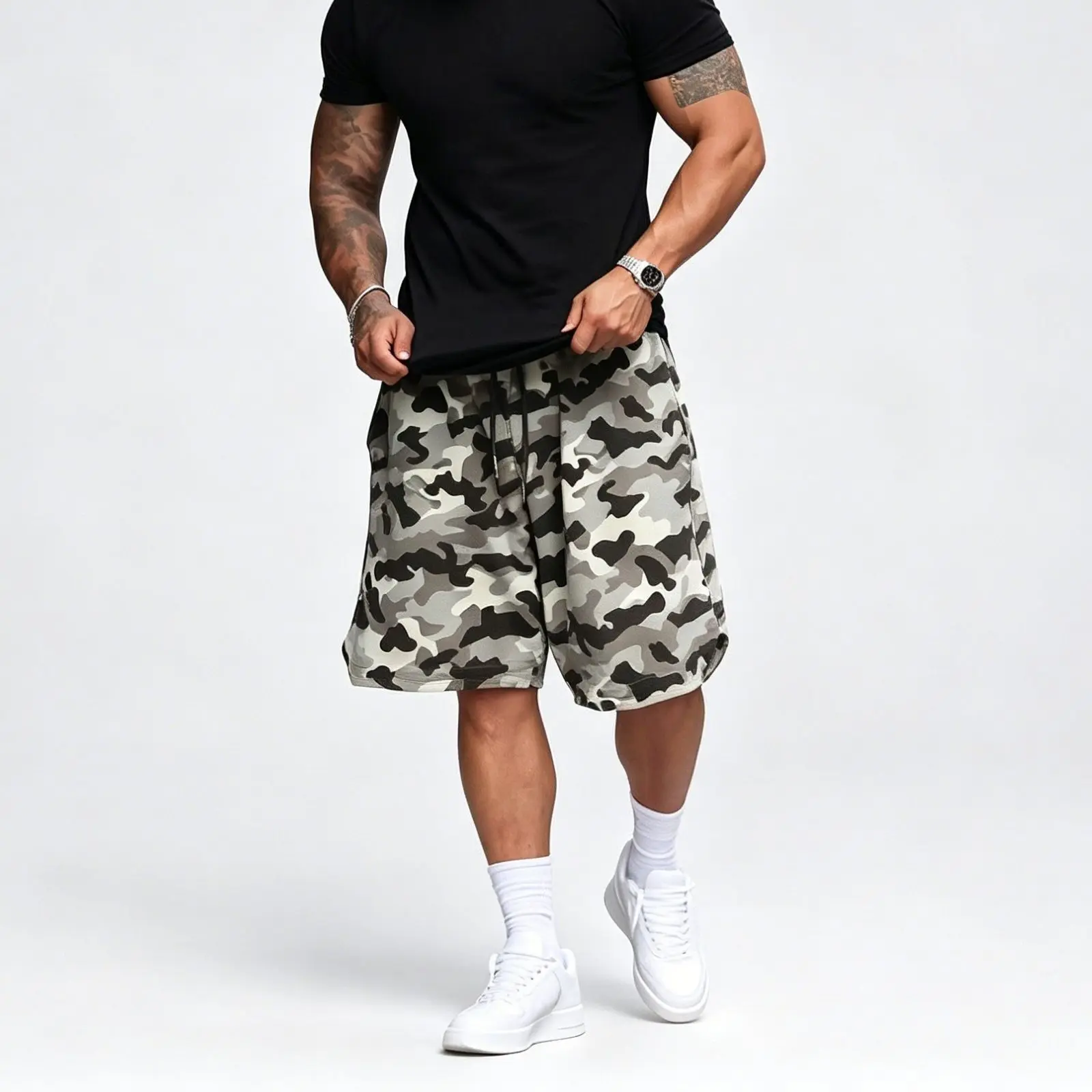 Men’s desert camouflage print shorts, drawstring elastic waist, loose high-street casual mid-length shorts, lightweight summer beach shorts
