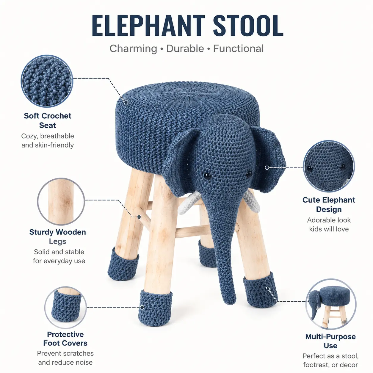 littleox Navy Blue Woodland Elephant Ottoman Stool, Animal Themed Upholstered Accent Chair with Soft Plush Fabric, Sturdy Solid Pine Wood Legs, Cute Footrest Seat for Bedroom Living Room Home Decor