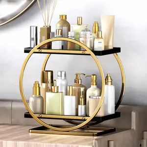 Makeup Organizer for Vanity, Black Gold Perfume Organizer for Dresser, 2 Tier Bathroom Countertop Organizer, Skin Care Organizers Bathroom Counter Shelf Perfume Holder Cosmetic Display Tray