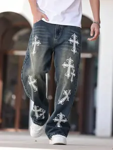 Jeans pants for men - Men Loose Fit Cross Print Wide Leg Jeans Casual Streetwear Daily Wear vacation outfit male clothing vacation clothes summer outfits summer mens clothing summer men clothes men's clothing mens clothing spring clothing Menswear Denim