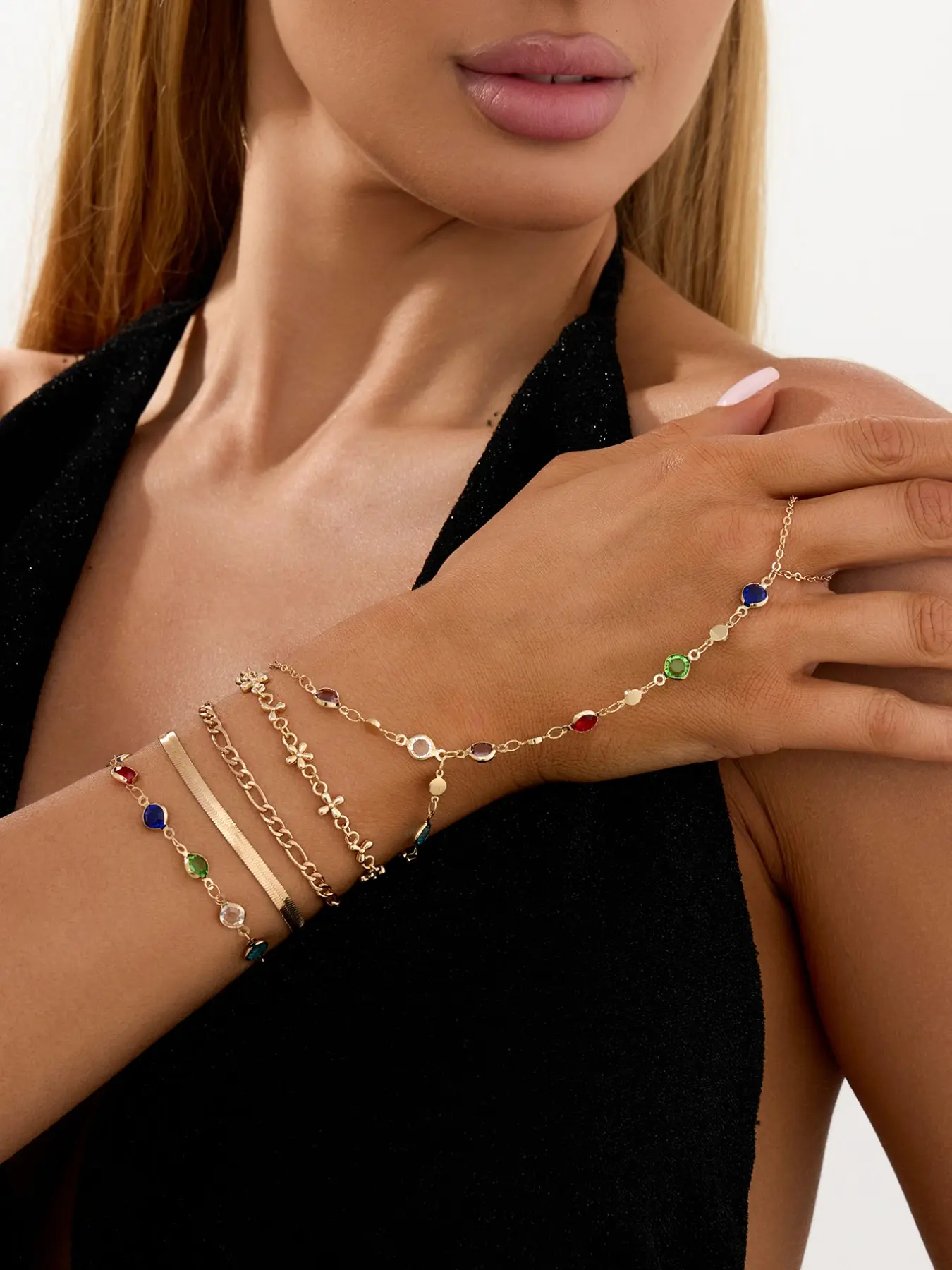 Vintage Metal Zinc Alloy Interlocking Design Bracelets Set, Boho Style Colorful Crystal Stackable Bracelets, Women's Daily Wear & Vacation Jewelry, Holiday Gift, Beautiful Bracelets