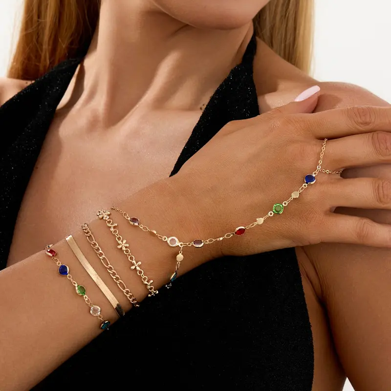 Vintage Metal Zinc Alloy Interlocking Design Bracelets Set, Boho Style Colorful Crystal Stackable Bracelets, Women's Daily Wear & Vacation Jewelry, Holiday Gift, Stacked Design Bracelets