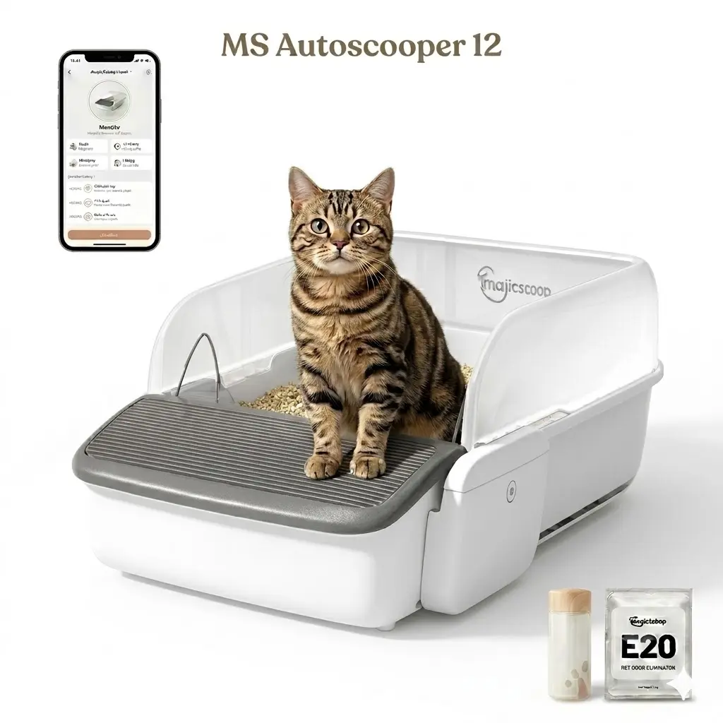 MS Autoscooper 12,Automatic and High Side Cat Litter Box,Self Cleaning Cat Litter Box for Multiple Cats, Extra Large Space with App Control/Splash Guard/Safety Anti-Pinching Design/Odor Control/Open-top/Safe Litter Box with Waste Bagh Bags & Scented Gel