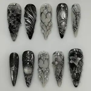 Black Chrome Gothic Press On Nails, 3D Cross Star Nails, Dark Edgy Silver Aura Nails, Handmade Nail Set