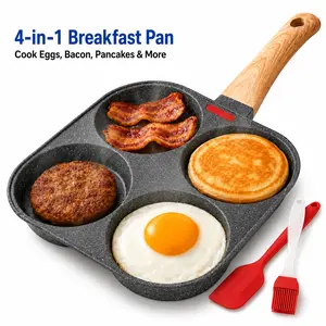 Multifunctional Non-Stick Egg Frying Pan 4 Holes  with Wooden Handle Medical Stone Omelet Maker for Pancakes Burgers Breakfast Quick Cooking at Home Non-Stick Beige Cookware Frying Pan Nonstick Woks Skillet