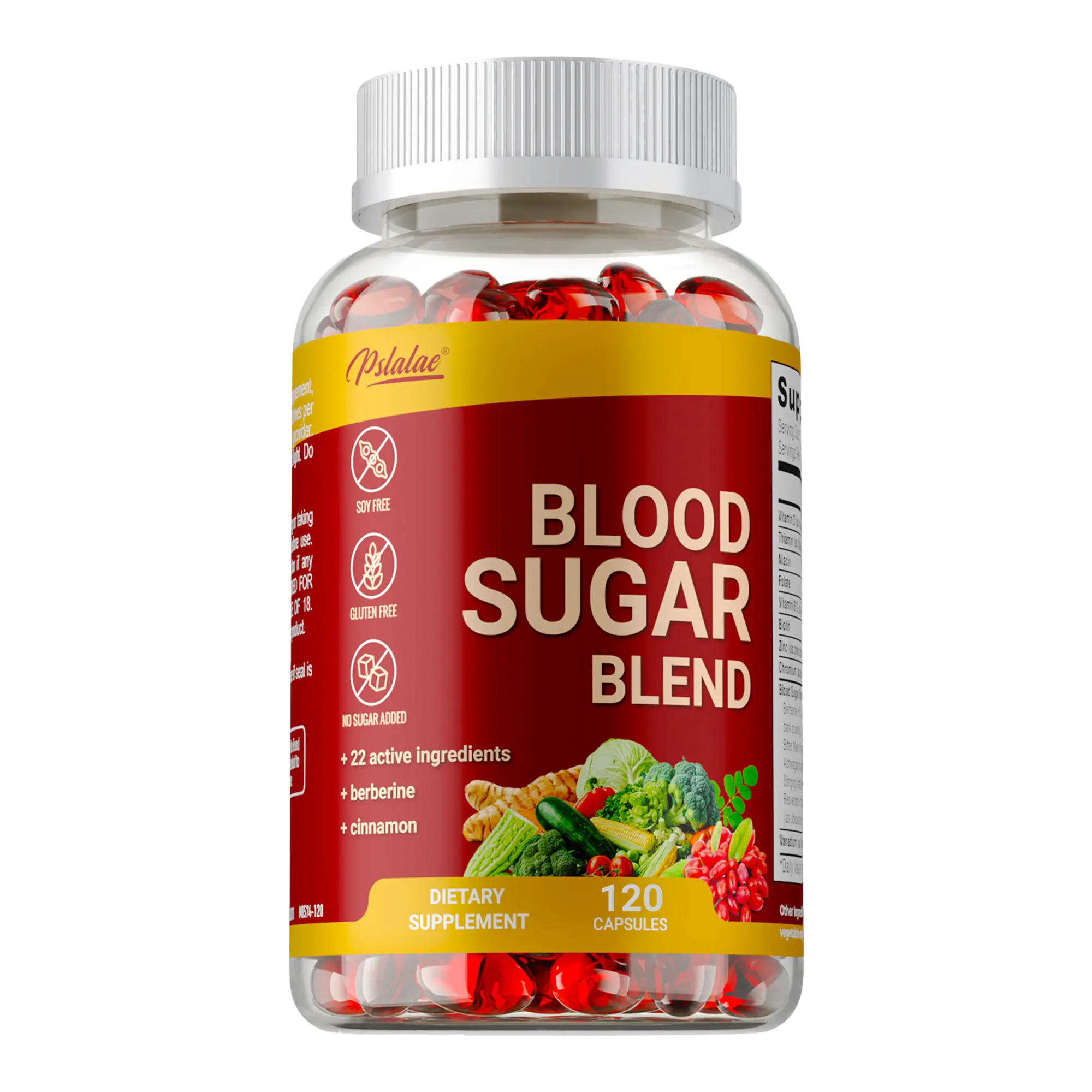 Pslalae 120 Nutritional Capsules, support blood sugar health, containing Vitamin D, niacin, folic acid, and multiple other ingredients.