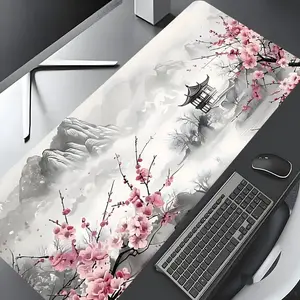 Cherry Blossom & Mountain Scenery Pattern Mouse Pad, Rectangle Gaming Mouse Pad, Non-slip Rubber Pad, Desktop Decoration for Home Office, Desk Accessories
