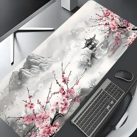 Cherry Blossom & Mountain Scenery Pattern Mouse Pad, Rectangle Gaming Mouse Pad, Non-slip Rubber Pad, Desktop Decoration for Home Office, Aesthetic Desk Accessories, Computer Desk Mat