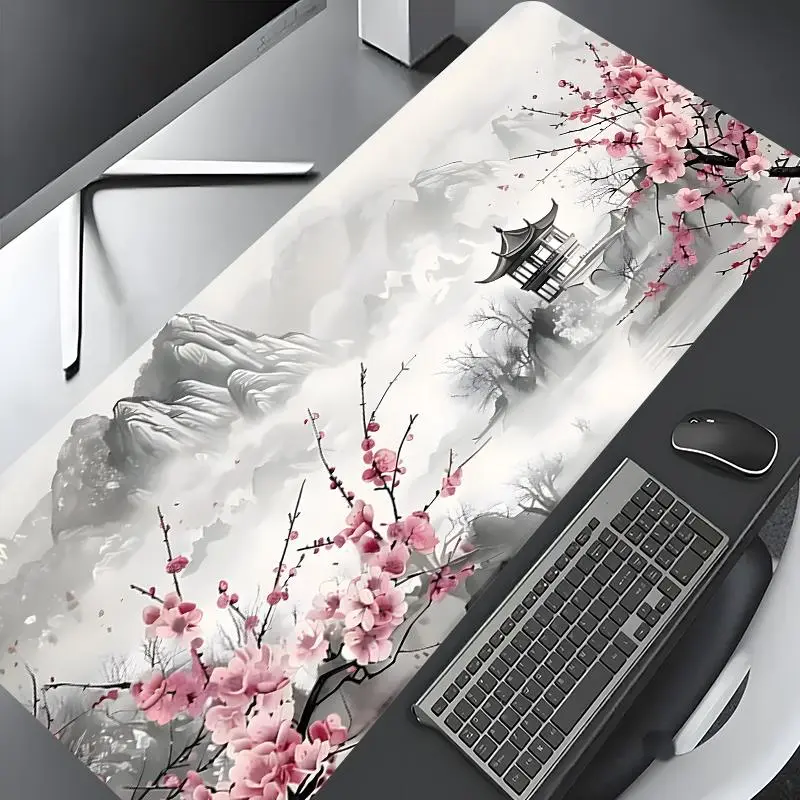 Cherry Blossom & Mountain Scenery Pattern Mouse Pad, Rectangle Gaming Mouse Pad, Non-slip Rubber Pad, Desktop Decoration for Home Office, Desk Accessories, Computer Desk Mat, Gaming Desk Accessory