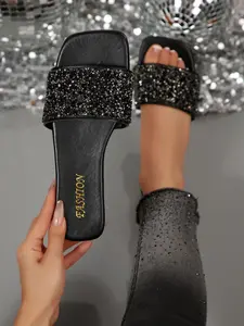 Women's Fashion Luxury Flat Sandals, Rhinestone Decor, Square Toe Design, Multiple Colors Available, Perfect for Beach and Vacation