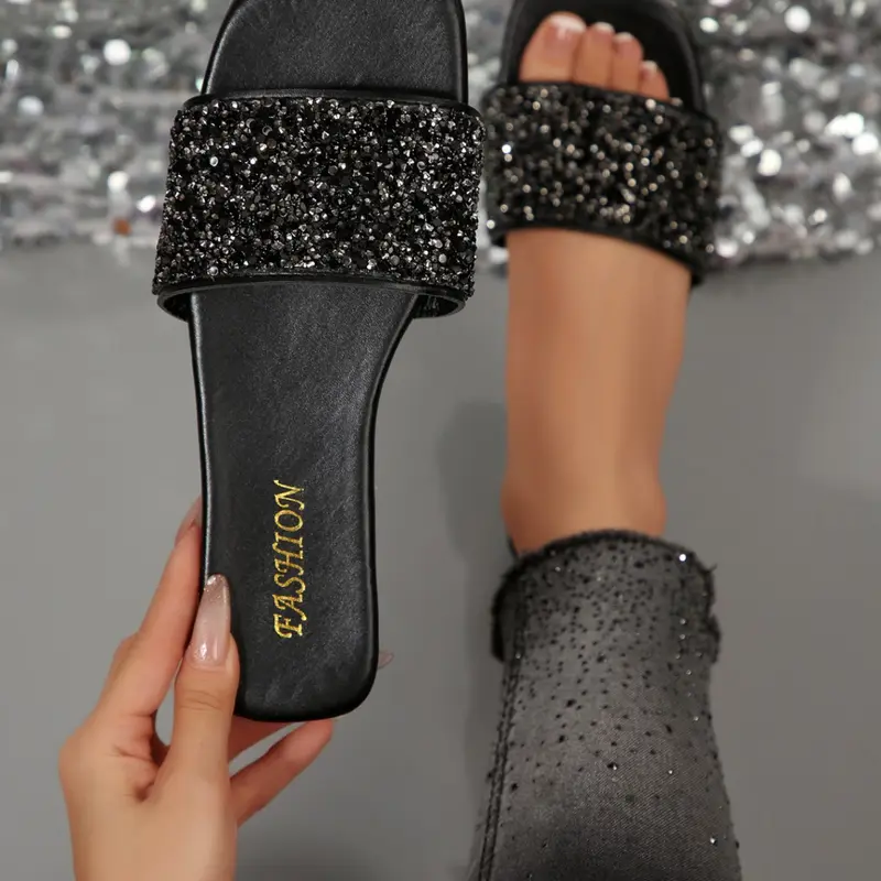 Women's Fashion Luxury Flat Sandals, Rhinestone Decor, Square Toe Design, Multiple Colors Available, Perfect for Beach and Vacation