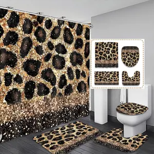 Creative Leopard Print Shower Curtain Set, Classic Spots, Gold Glitter Gradient, Includes Hooks and Mat, Home Bathroom Decor, Bathroom Decoration Accessories