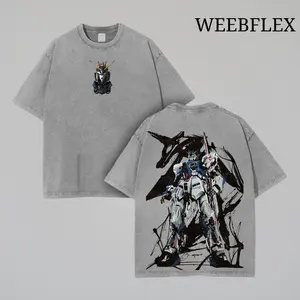RX-93 V1 Gundam Vintage Washed Oversized Tee, Double Printed Mecha Anime Graphic T-Shirt, Heavy Cotton Retro Streetwear, Unisex Otaku Core Top