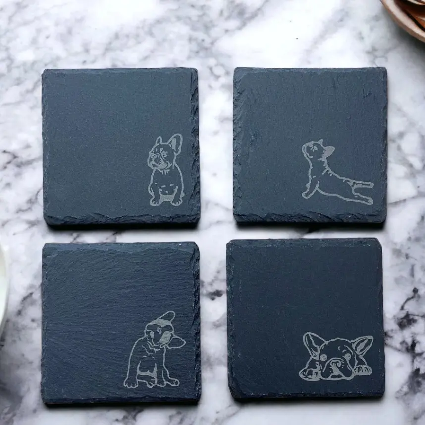 French Bulldog Slate Coasters | Set of 4 Engraved Stone Drink Coasters | Frenchie Gift | Dog Lover Home Decor