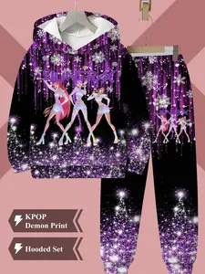 Adorable Girl Kpop Demon Hunters 3D Printed Hoodie Set, Comfortable Fashion Long Sleeve Pullover, Perfect for Spring Fall Winter Seasons