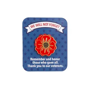1 1/4" Patriotic Red Poppy Flower Metal Pins with Card - 12 Pc.
