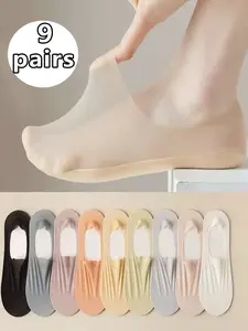 9 Pairs Ice Silk Low Top Socks for Women, Lady Chic Minimalist Breathable Solid Color Invisible Thin Short Fit Socks, Silicone Anti-Slip Non-Slip Anklet, Casual Summer Socks