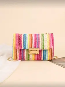 Boho Style Magnetic Closure Shoulder Bag, Luxury Women's Summer Straw Beach Bag, Travel Essential, Colorblock Woven Fabric