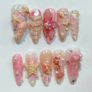 jasonj.nail Pink Ocean Shell Press-On Nails, 3D Starfish, Seashell & Pearl Charms, Glossy Jelly Pink Base, Mermaid Beach Vibes, Cute Summer Nail Art, Custom Handmade Set