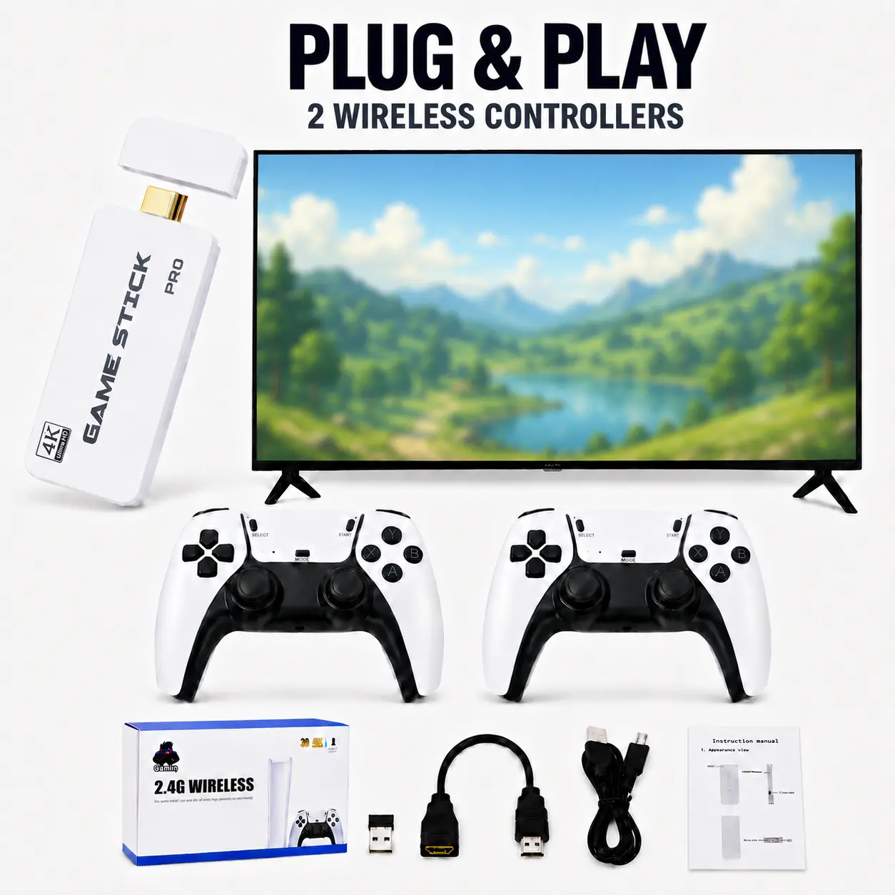 X Retro Game Console for TV, Plug-and-Play with 2 Wireless Controllers