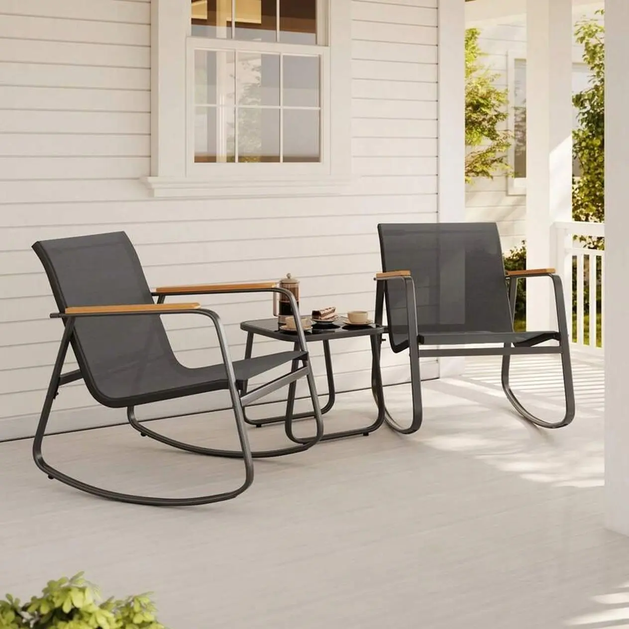 3-Piece Outdoor Bistro Set, All-Weather Rattan Rocking Chairs With Coffee Table, Patio Furniture For Garden, Balcony, And Backyard