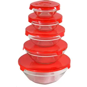 5-piece glass bowl set | Red airtight plastic lids | Microwave and dishwasher safe | 31 oz to 4 ½ oz sizes | Suitable for a variety of serving and storage uses Glass containers 5, 7, 12, 17, 31 oz Tableware Breakfast