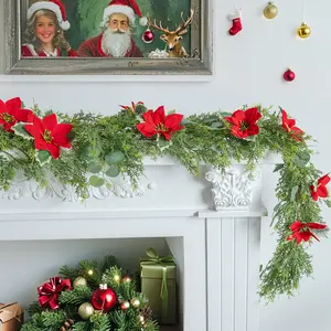 1Pc Christmas Poinsettia Garland, 70.86 inches artificial poinsettia garland, Christmas garland, can be used for Christmas home restaurant patio railing staircase decoration, Christmas gift, Ornaments Decoration