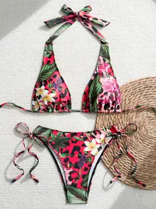 New Fashionable Beach Vacation Casual Bikini Two-Piece Swimsuit, Leopard Pattern, Floral Print Swimsuit, Fitted Design, All Seasons Wear, Women's Swimwear
