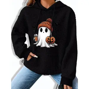 Women's Autumn Winter Ghost Pumpkin Print Hoodie Black Long Sleeve Kangaroo Pocket