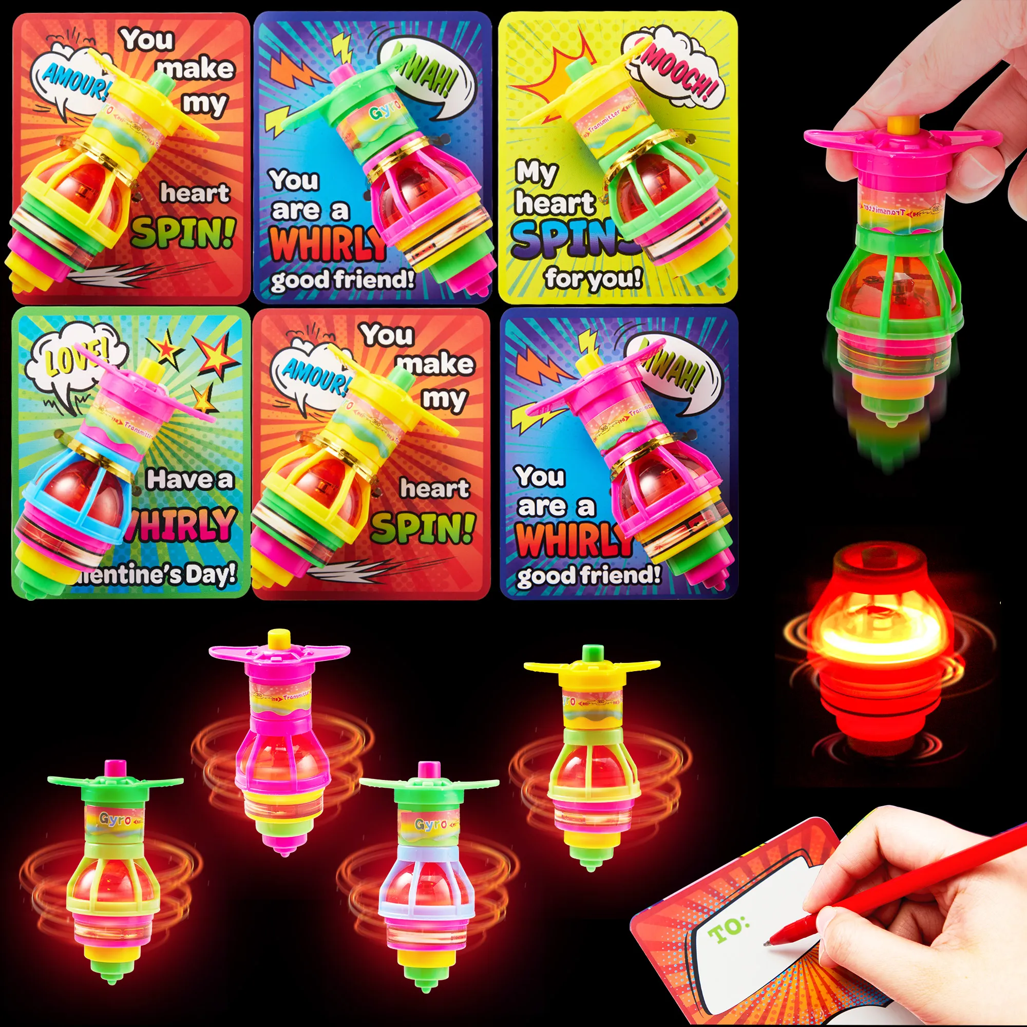 28pcs Valentines Spinning Top with Kids Valentines Cards