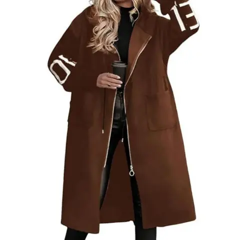 Chouyatou Womens Zip Up Hooded Wool Blend Trench Coat Casual Knitted Sleeve Overcoat With Pockets