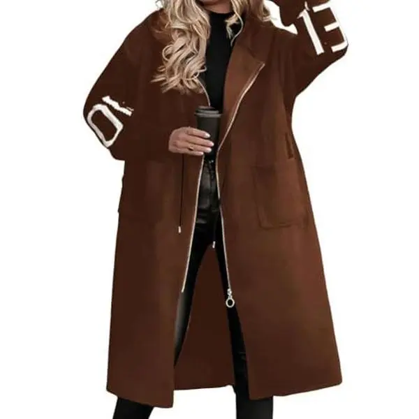 Chouyatou Womens Zip Up Hooded Wool Blend Trench Coat Casual Knitted Sleeve Overcoat With Pockets