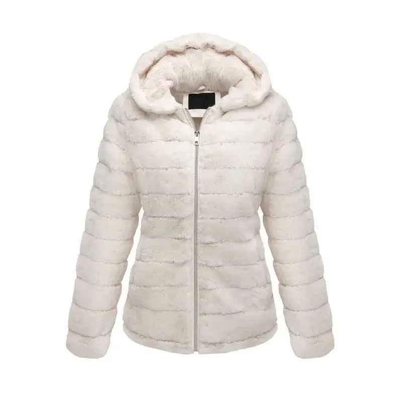Women's Faux Fur Outerwear, Lady's Casual Long Sleeve Fleece Hooded Jacket with Fluffy Shaggy Shearling Sherpa Lining, 1801 Beige Size L Shamar Coat (Compatible with Raincoats), Tops