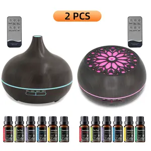 2 pieces Wood Grain Humidifier Diffuser 550ml with Remote & 12 Essential Oils, Ultra Quiet