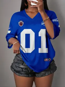 Y2K American Vintage Mesh Breathable Sports Shirt for Women, V-Neck Digital Print T-Shirt, Hip Hop Cool Style Party