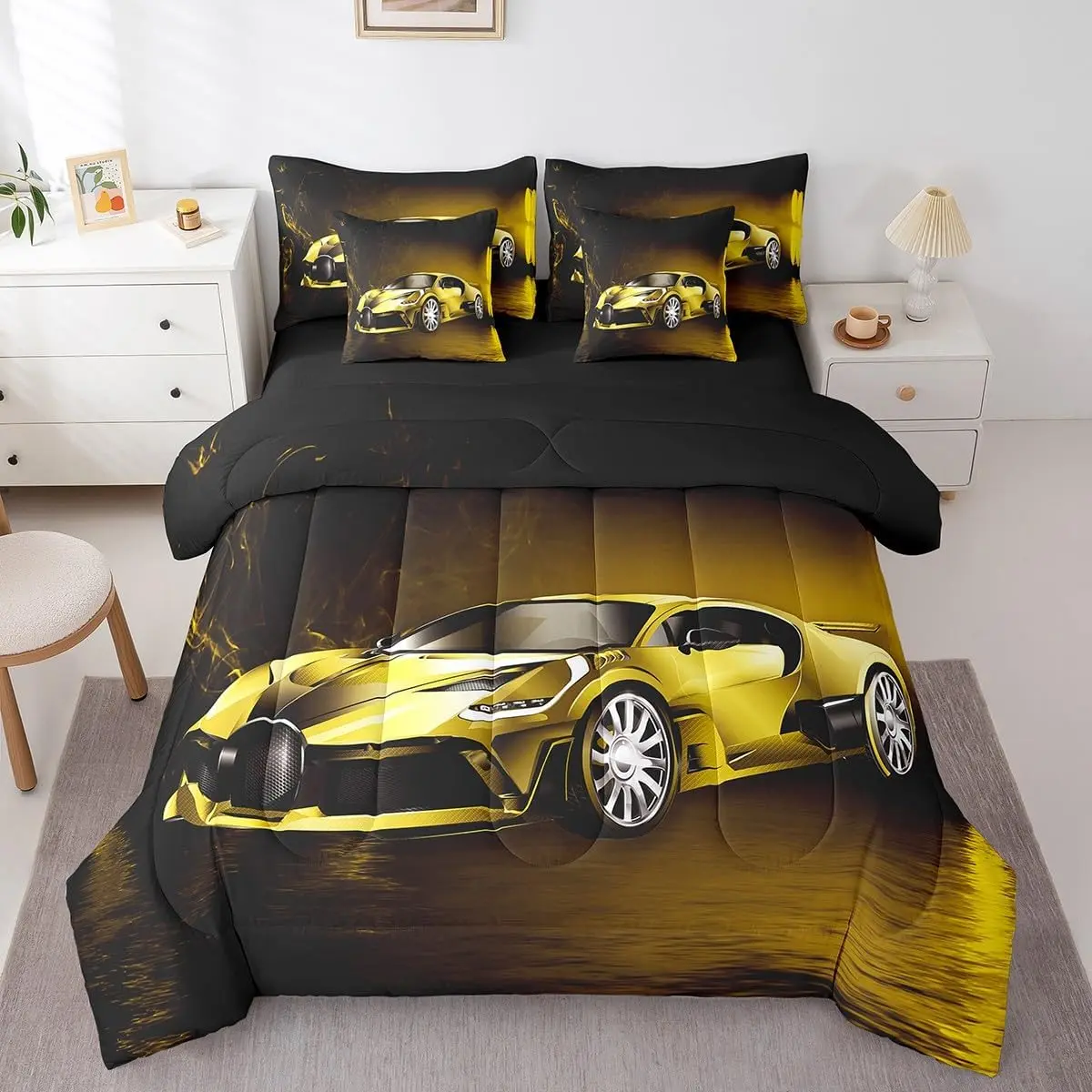 Feelyou 7-Piece Contemporary Printed Bedding Set - Yellow Sport-Themed Queen Bedding Sets Collections with Smooth Fabric Sheets, High Tensile Strength Extreme Speed Quilt in a Bag, Machine Washable, Seven Pieces