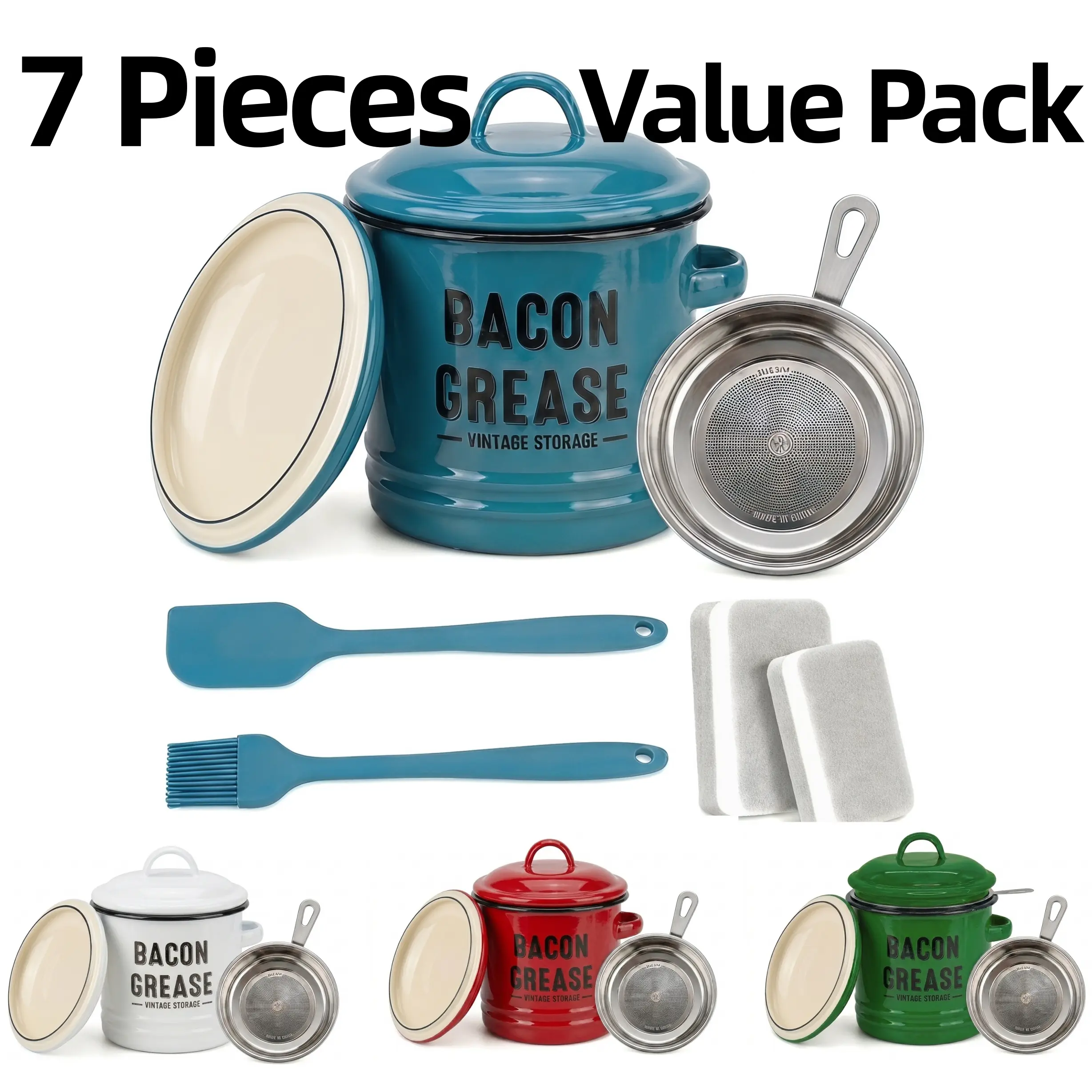 46oz (1360ml) Vintage Rustic Heavy-Duty Farmhouse Enamel Oil Container with Strainer - Dishwasher Safe, Durable Kitchen Gadgets Oil Dispenser, Includes Silicone Spatula & Utensil Brush Set for Cooking Flavor Storage, Utensils