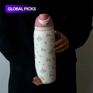 Floral Pattern Vacuum Flask, 1 Count Portable Large-Capacity Water Bottle with Straw, Leakproof Insulated Tumbler, Drinking Cup for Home, Office, School & Outdoor Camping, Drinkware #GLOBAL PICKS