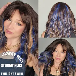 Stormy Plus  | SUNNYMAY 18-Inch Water Wave Layered Glueless Synthetic Wig with Wispy Bangs, Twilight Swirl, Breathable 4x4.5 Bionic Natural Scalp Hard Silky Top