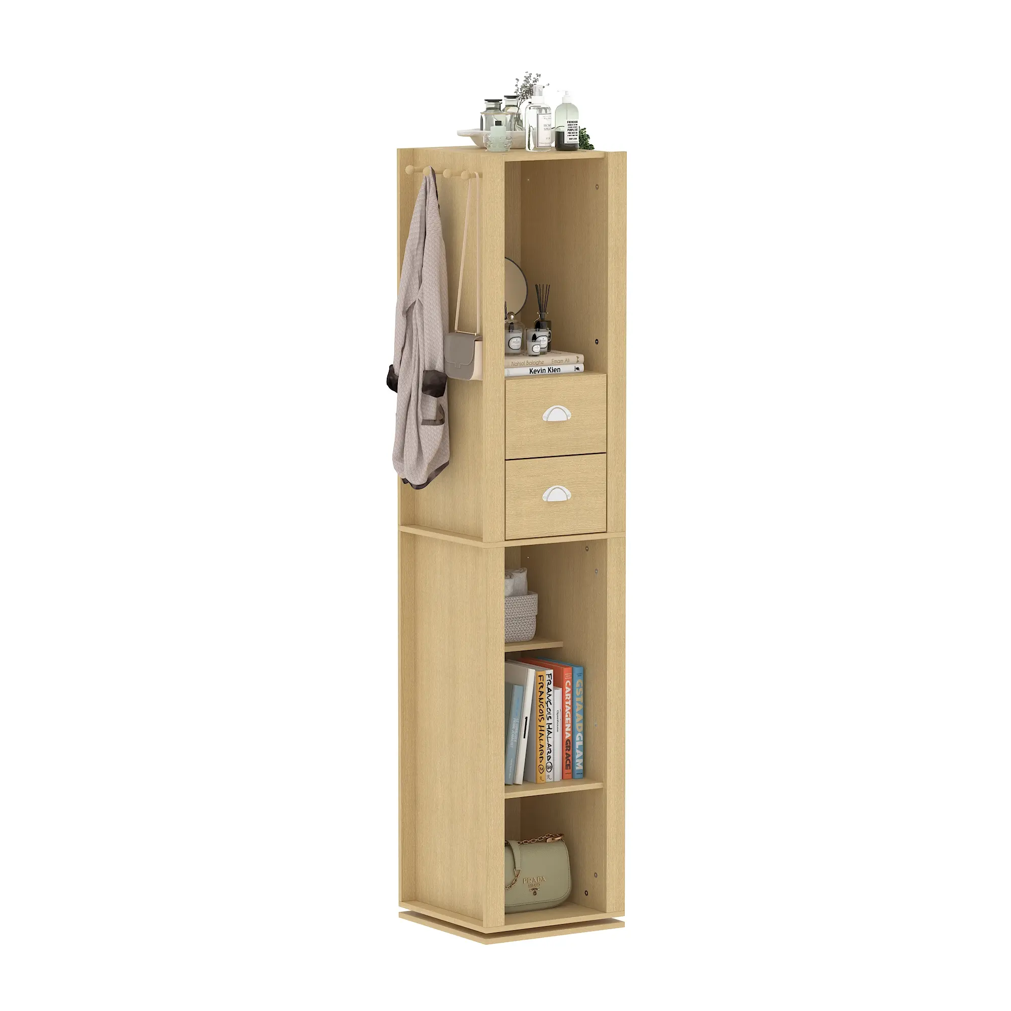 FUFU&GAGA 360° Swivel Mirror Cupboard - 4 Functional Zones, 2 Drawers & 4 Open Shelves for Clothes, Bags & Magazines, Space-Saving for Compact Homes