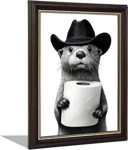 Black and White Bathroom Wall Art Toilet Paper in Hat Otter's Hand Animal Print Painting Funny Animal Bathroom Decor for Restroom Toilet Home Laundry Rooms Decoration Framed 9"x11"