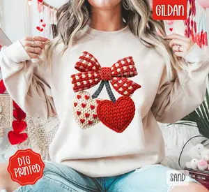 FAUX Knit Heart Cherries Sweatshirt, Valentine's Day Crewneck, Holiday Women's Sweater