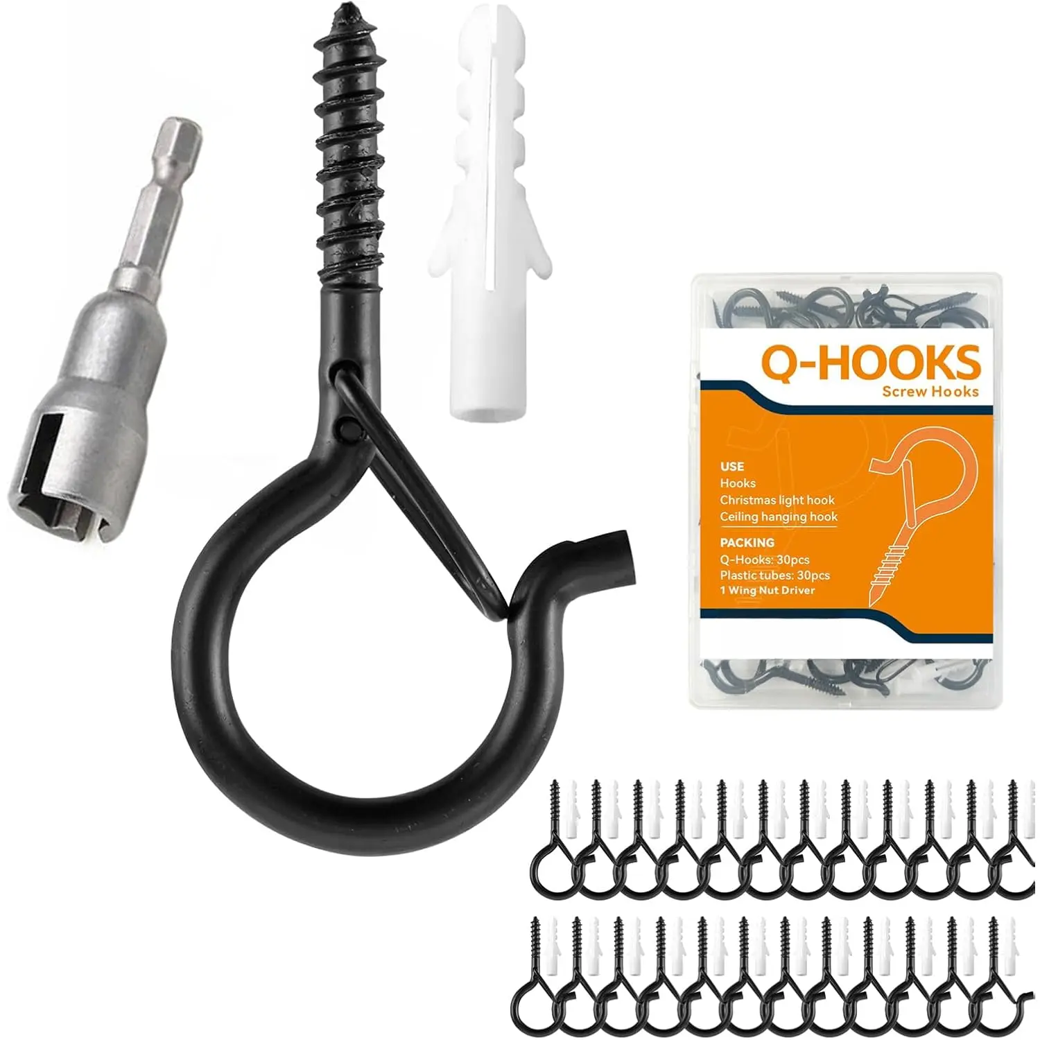 30 Count Synthetic Windproof Q-Hooks with Safety Buckle, Wall Mount Screw Hooks for Outdoor Lights Hanging & Ceiling Installation, Includes 1 Wing Nut Driver