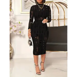 Elegant Women's Sheer Cut-Out Long Sleeve Bodycon Dress Set - High Neck, Stretchy Polyester Blend, Machine Washable Clothing Suits Black Chic Spandex