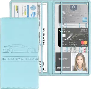 Car Registration and Insurance Card Holder, PU Glove Box Essential Documents with Wallet Case for Women and Men (Light Blue)