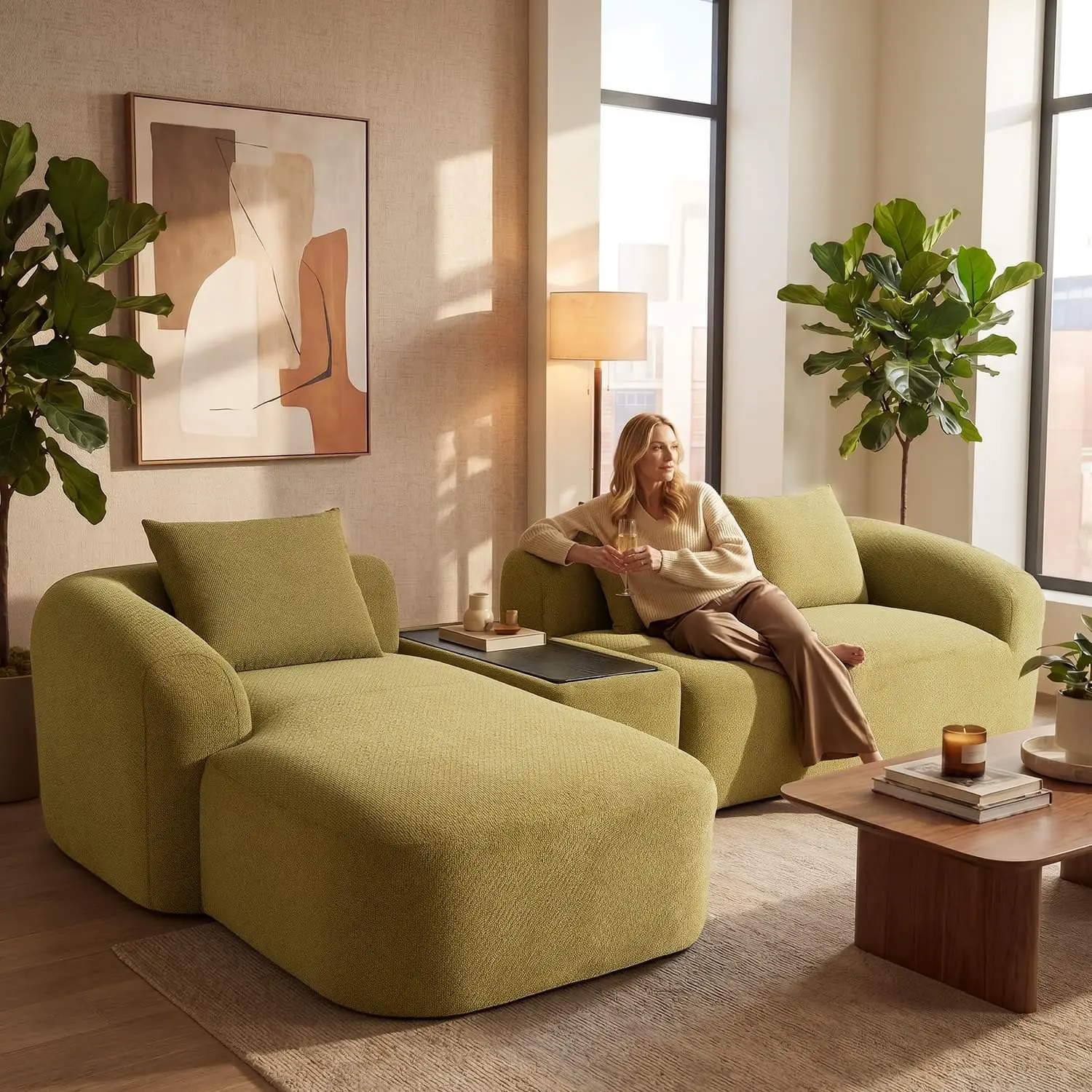 Deal for You Relefree 136" Curved Modular L-Shaped Chenille Boneless Sectional Sofa, Oversized Living Room Couch with Movable Coffee Table, High-Resilience Foam, Thick Backrest & Cloud Comfort (Green) summer wins
