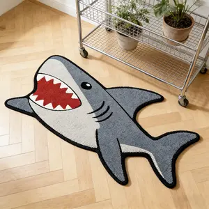Fun Shark Shape Fluffy Rug, Shaggy Area Rug, Soft American Street Style Bedside Carpet, Home Decor Floor Mat for Living Room Bedroom Bathroom Kitchen Dining Room