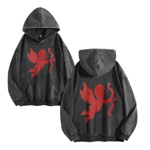 Make vintage long sleeved hooded sweatshirt Cupid Silhouette Red Unisex Washed Hoodie Front & Back Print Trendy men's tops