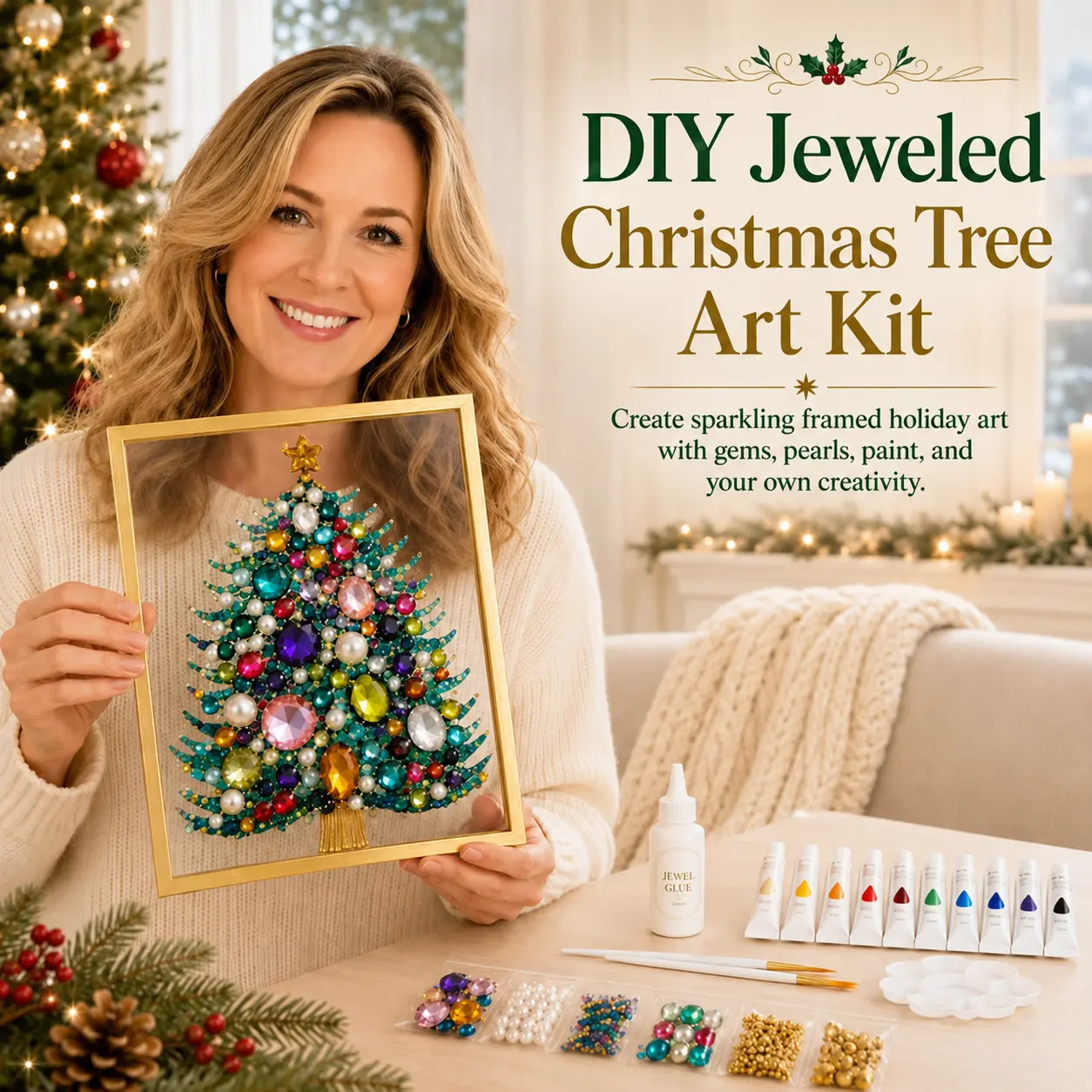 DIY Craft Kit - Jeweled Christmas Tree Art Kit with Glass Floating Gold Frame, Sparkling Gem & Pearl Mosaic Painting Set for Home Living Room & Mantle Decor, Christmas & Holiday Gift for Crafters, Adults & Women