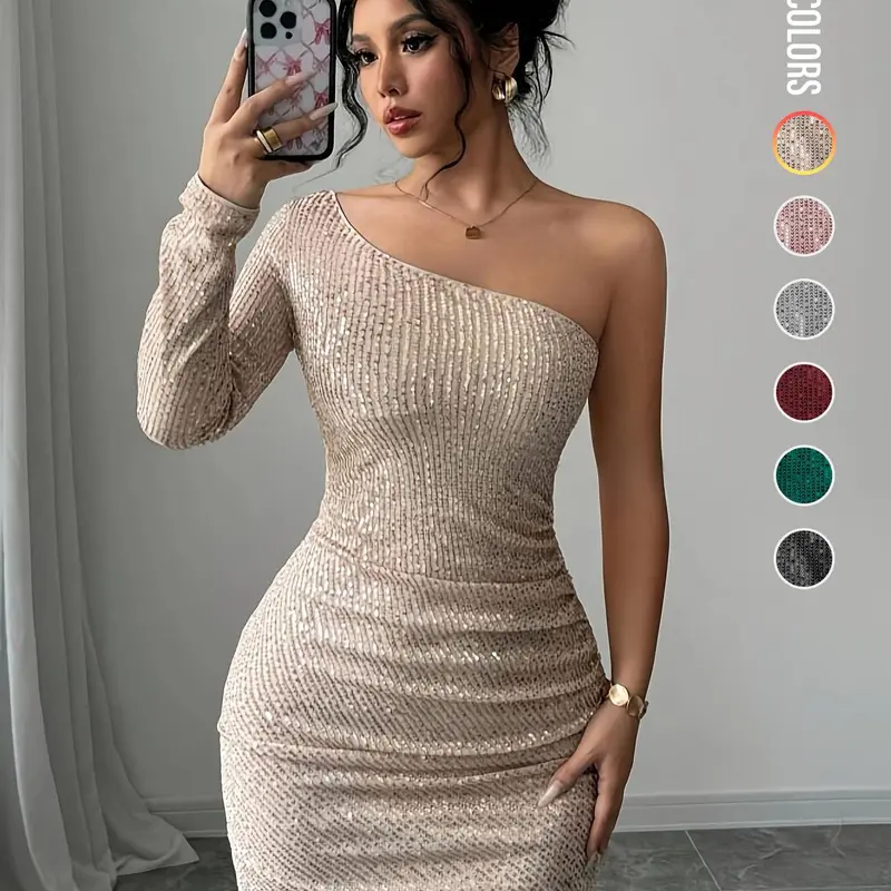 Women's Off Shoulder  Sequins Bodycon Dress, Elegant Fashion Short Dress for Party Club Dating Wear, Ladies Dress for All Seasons Fit